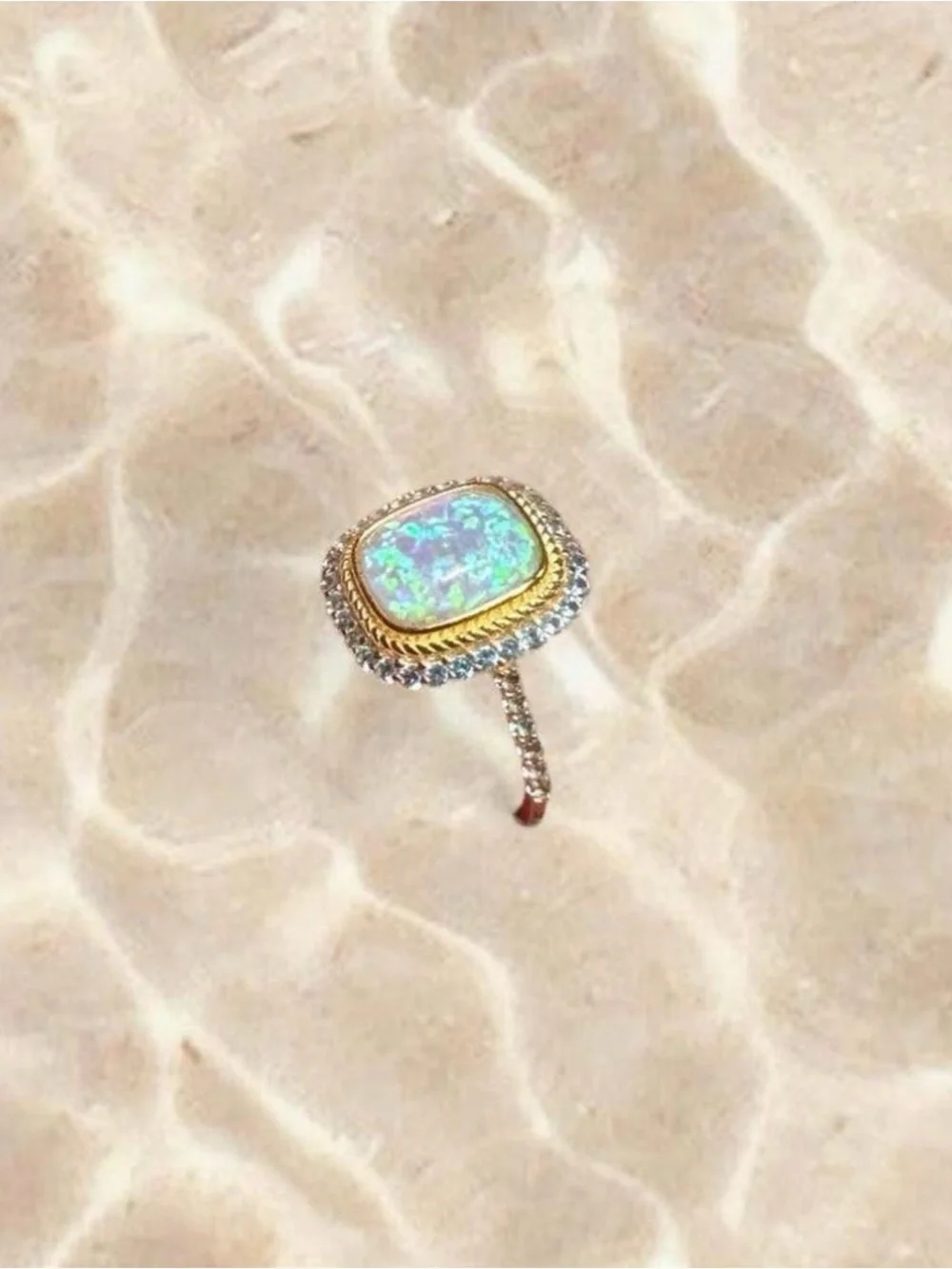 Boho Fairy 925 silver gold wash rainbow opal ring with blue stone halo and band